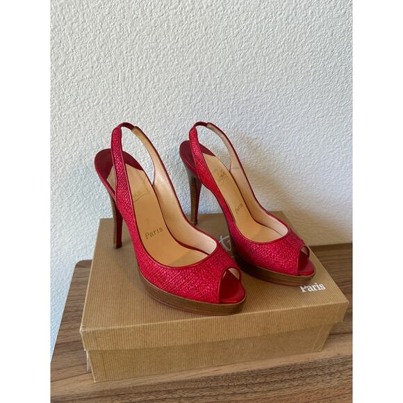Christian Louboutin Red Raffia Peep-Toe Heels Size 37.5 (US 7.5) - Picture 1 of 4